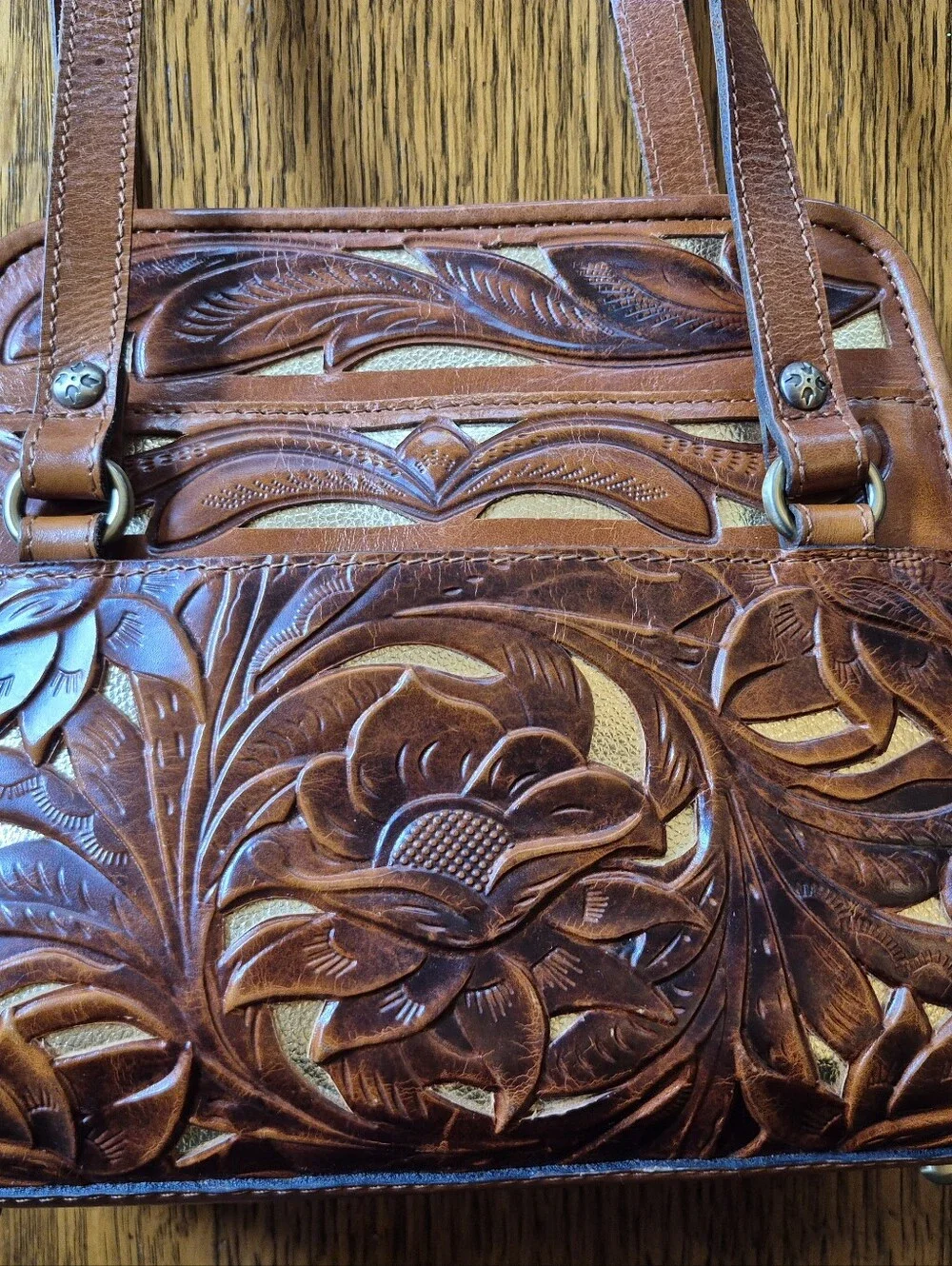 Patricia NASH Embossed, Tooled, Open Cut Work, Floral Leather Shoulder Bag